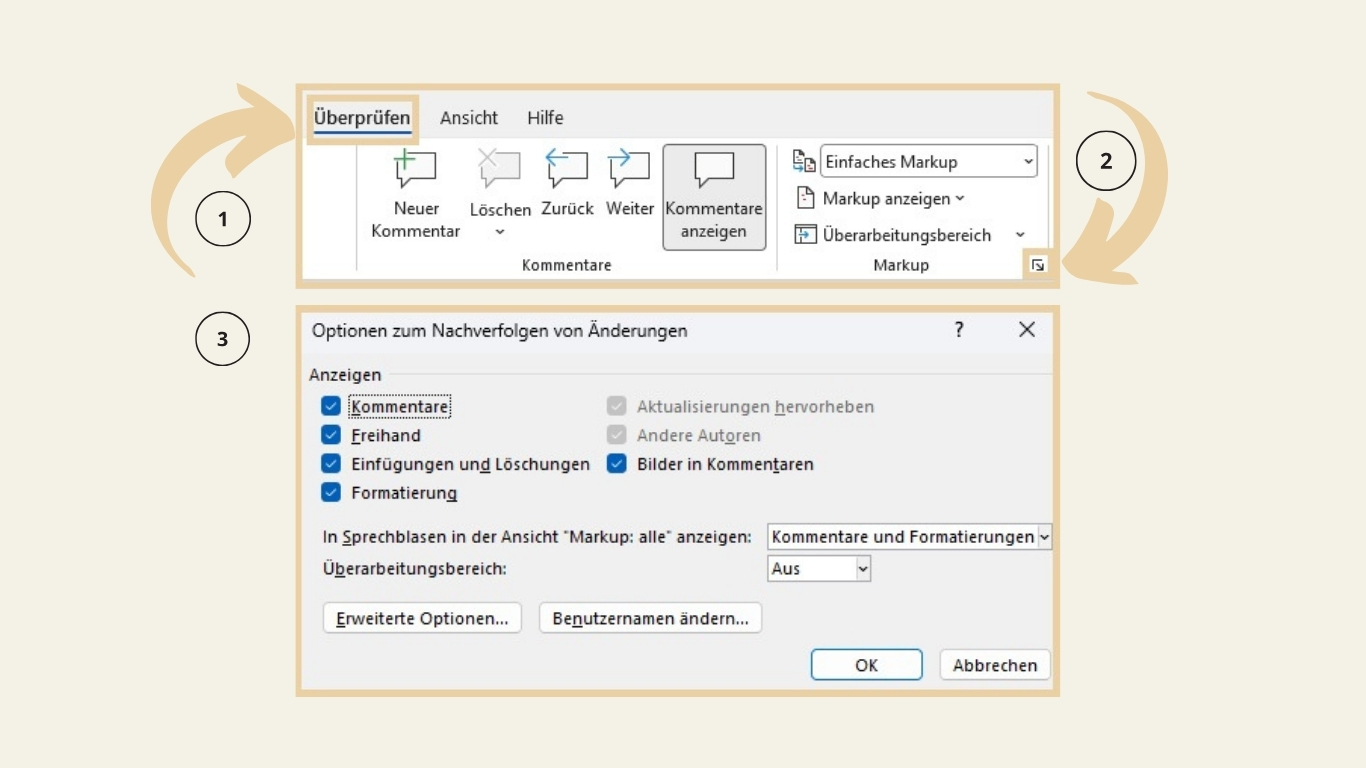 Schaubild zum Markup-Modus | Öffnen des Untermenüs "Optionen zum Nachverfolgen von Änderungen"