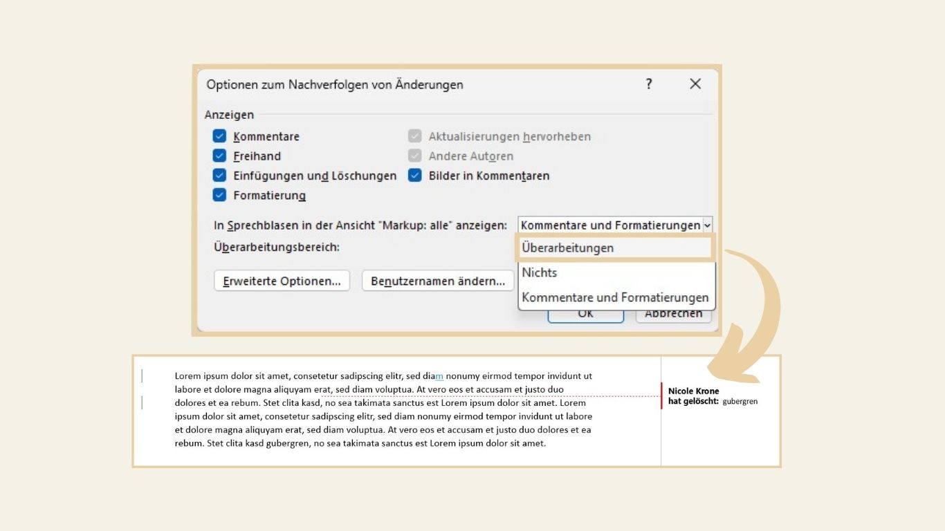 Schaubild zum Markup-Modus | Überarbeitungen in Sprechblasen im Dokument anzeigen lassen